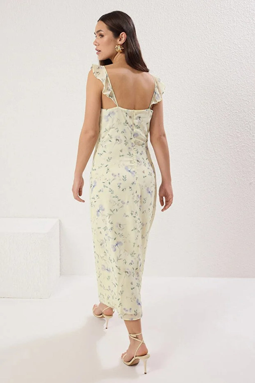 Floral Print A-Line Frill Detail Midi Dress