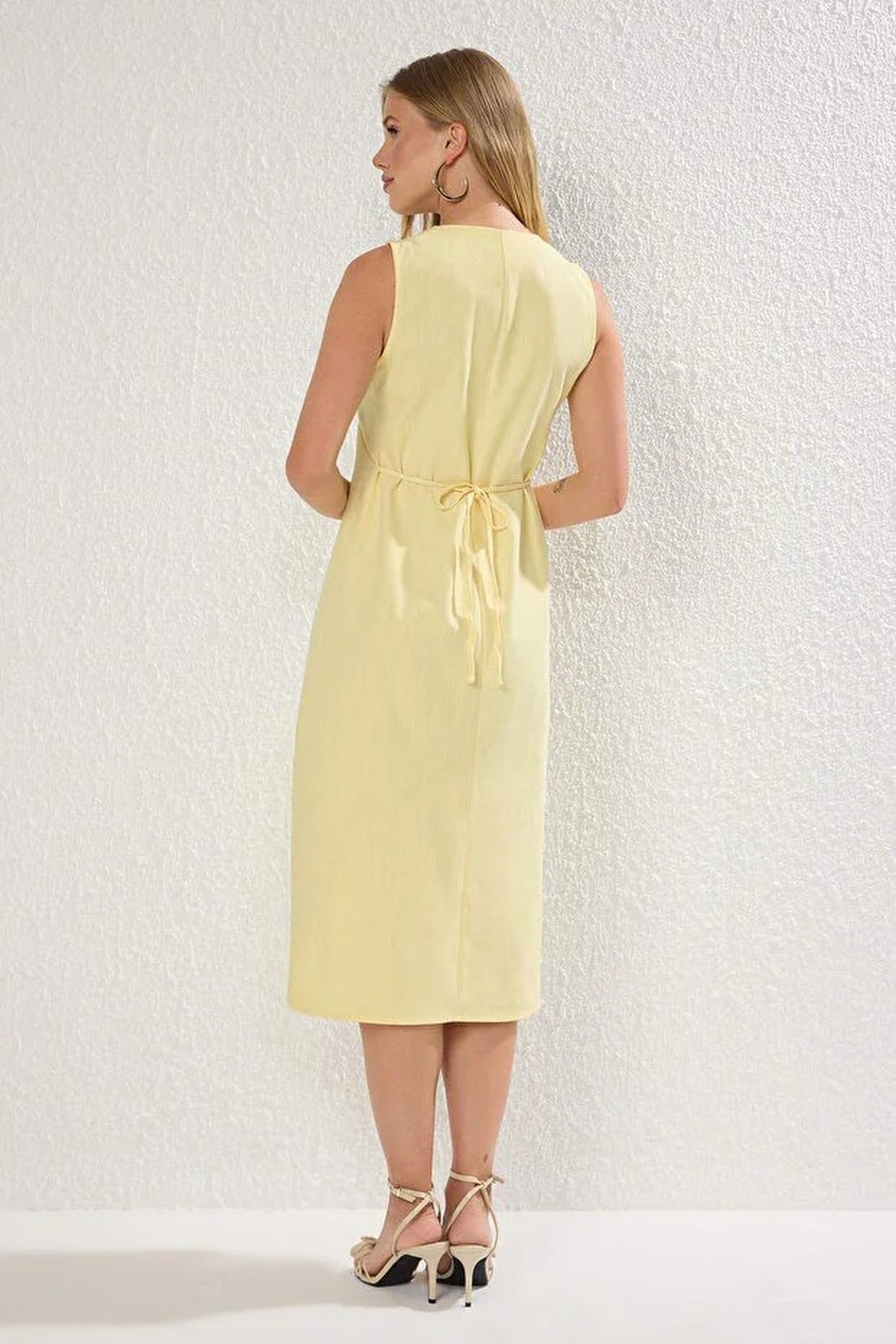 Belted Linen Blend V Neck Midi Shirt Dress