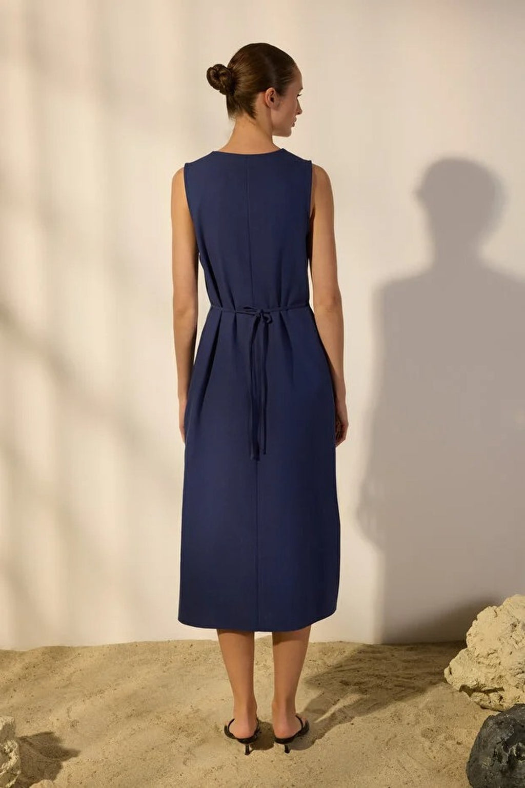 Belted Linen Blend V Neck Midi Shirt Dress