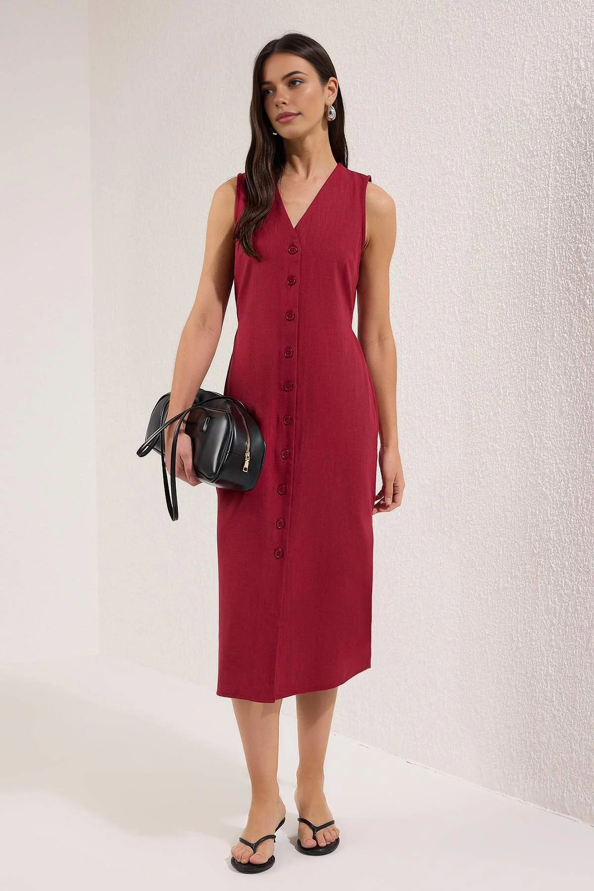 Belted Linen Blend V Neck Midi Shirt Dress