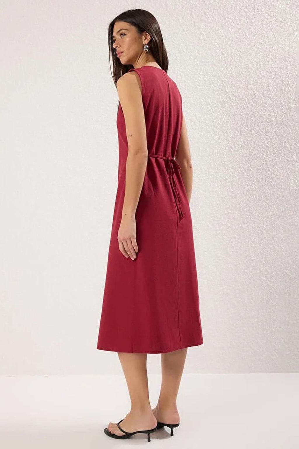 Belted Linen Blend V Neck Midi Shirt Dress