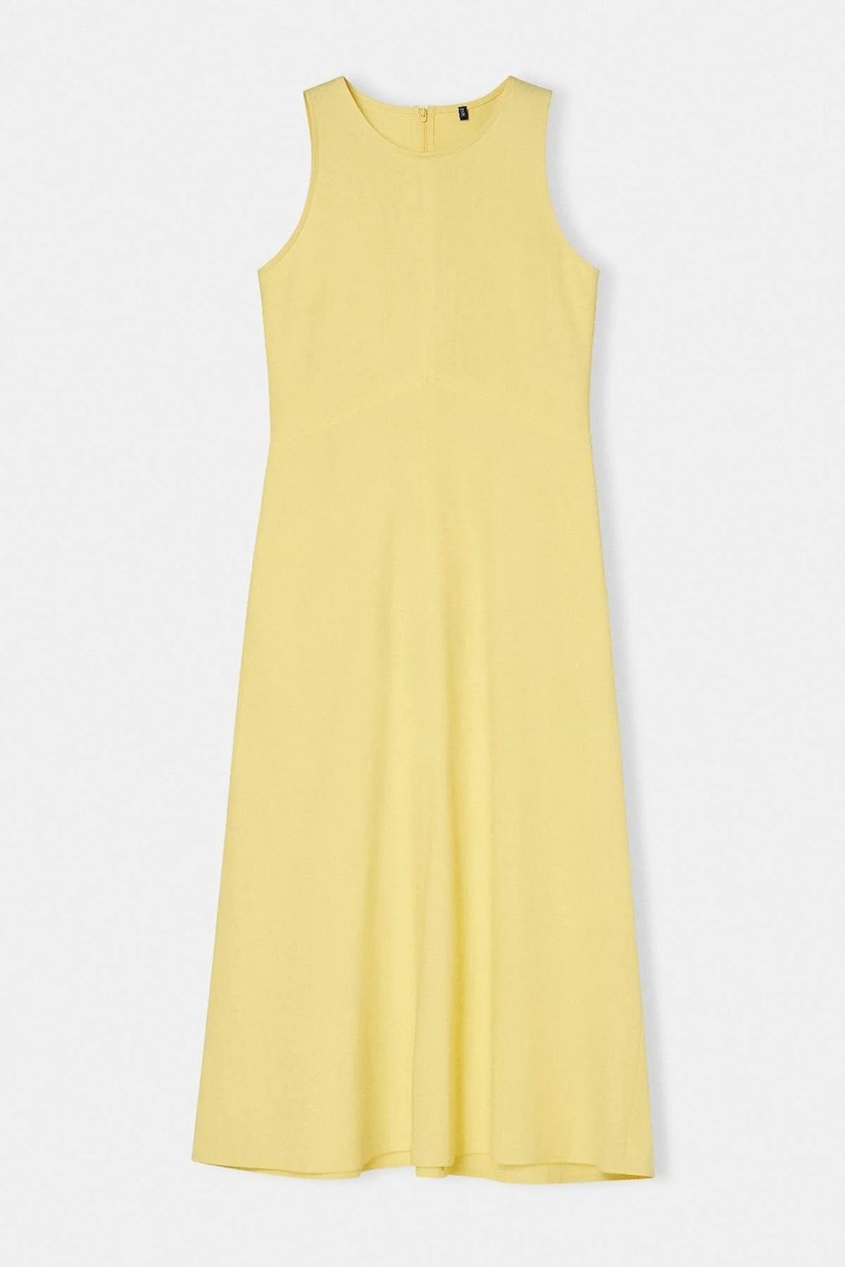 Linen Blend Straight Cut Midi Woven Dress with Stitching and Pocket Details