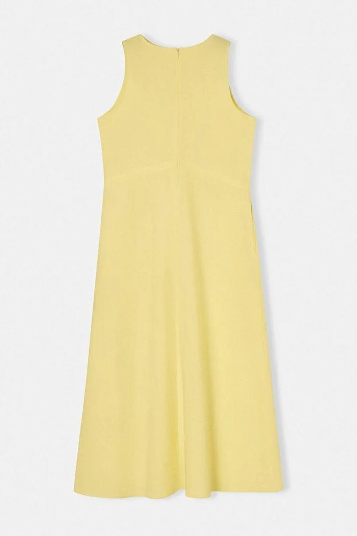 Linen Blend Straight Cut Midi Woven Dress with Stitching and Pocket Details