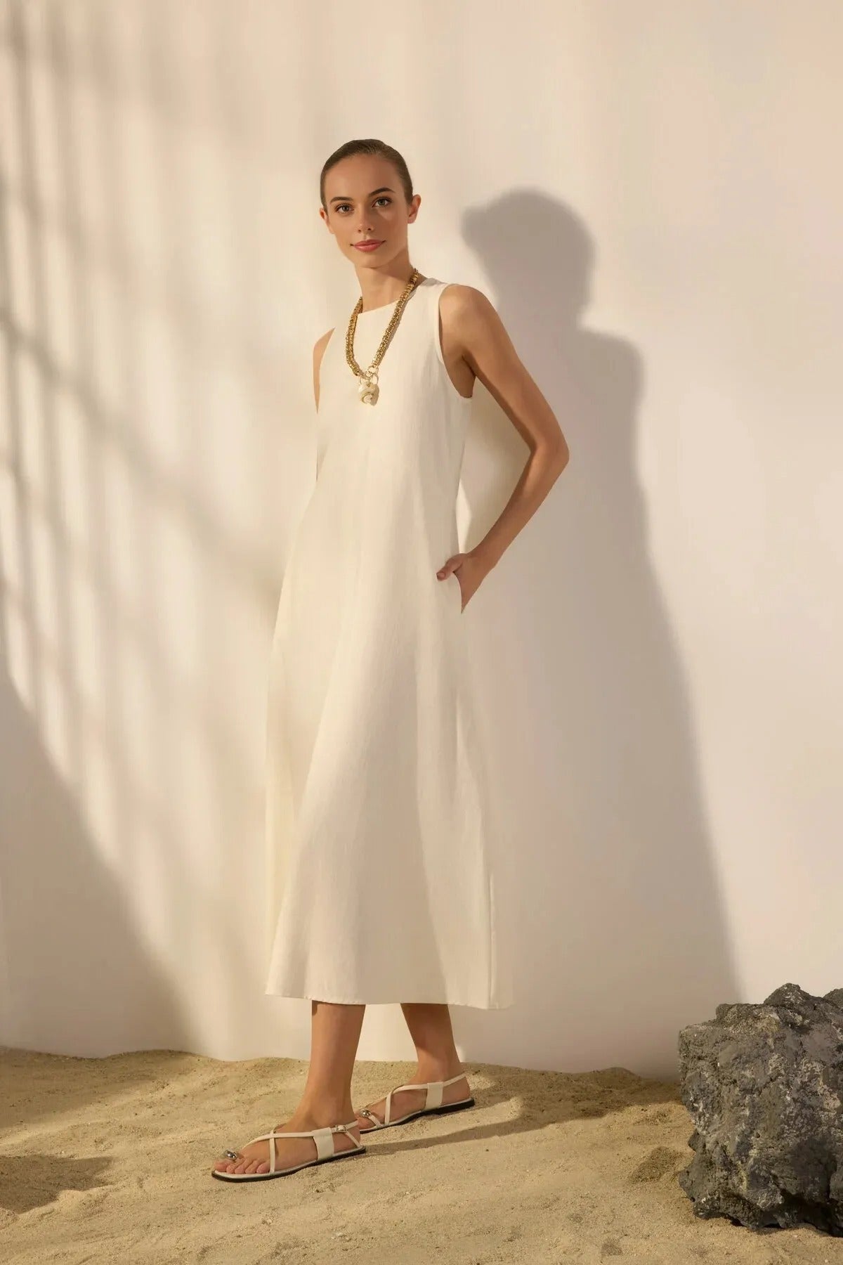 Linen Blend Straight Cut Midi Woven Dress with Stitching and Pocket Details