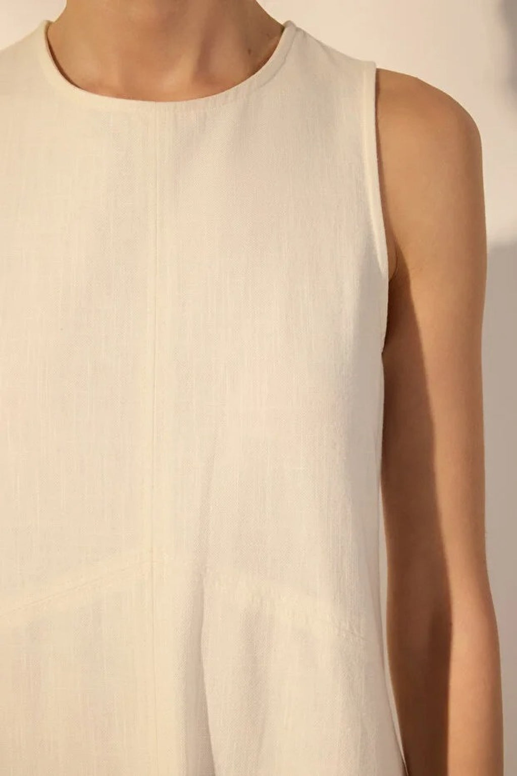 Linen Blend Straight Cut Midi Woven Dress with Stitching and Pocket Details