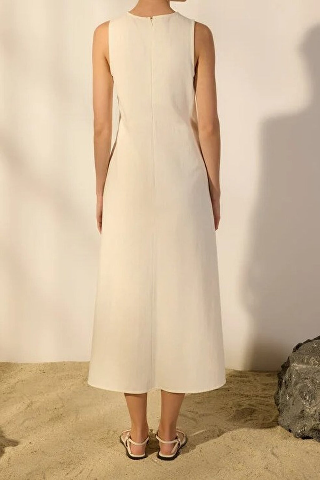 Linen Blend Straight Cut Midi Woven Dress with Stitching and Pocket Details