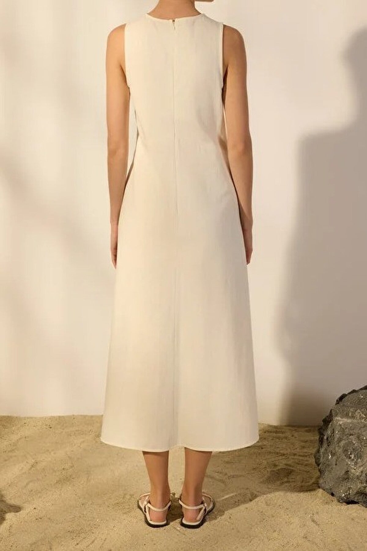 Linen Blend Straight Cut Midi Woven Dress with Stitching and Pocket Details