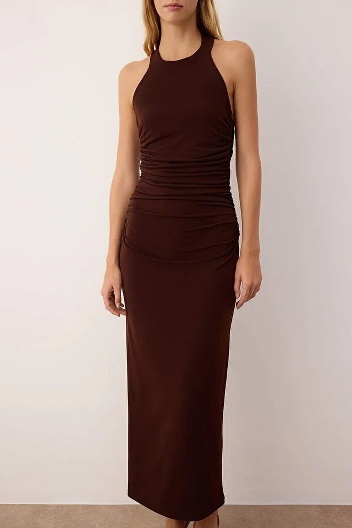 Draped Midi Dress with Twist Detail Stretchy Knit