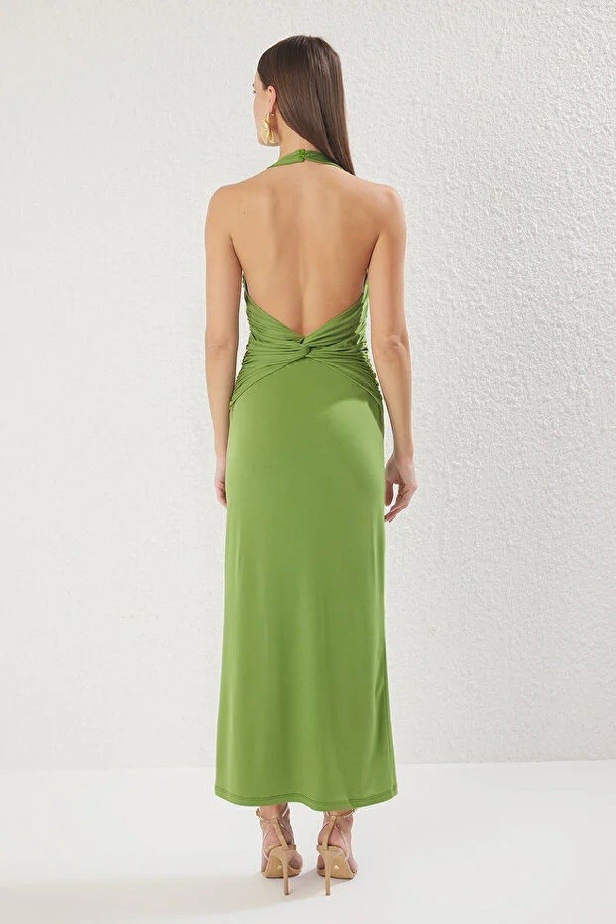 Draped Midi Dress with Twist Detail Stretchy Knit