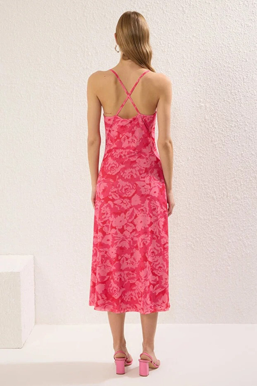 Floral V-neck A-line Midi Knit Dress with Slit