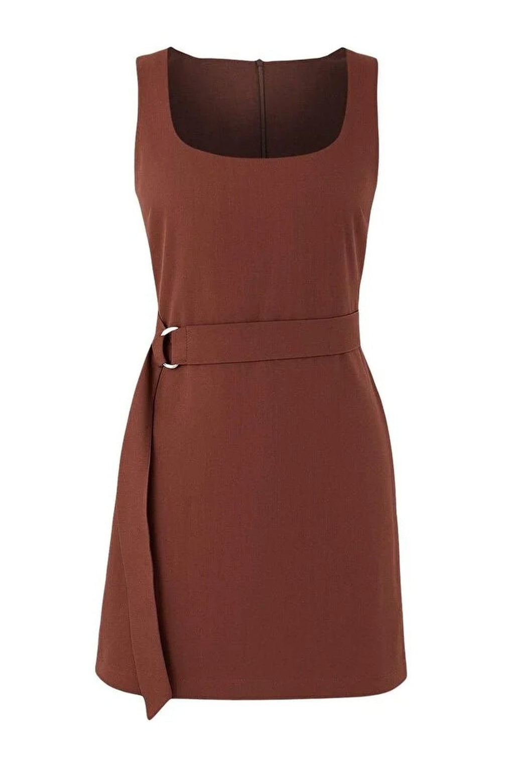 Belted Linen Blend Square Neck Sleeveless Mini Dress