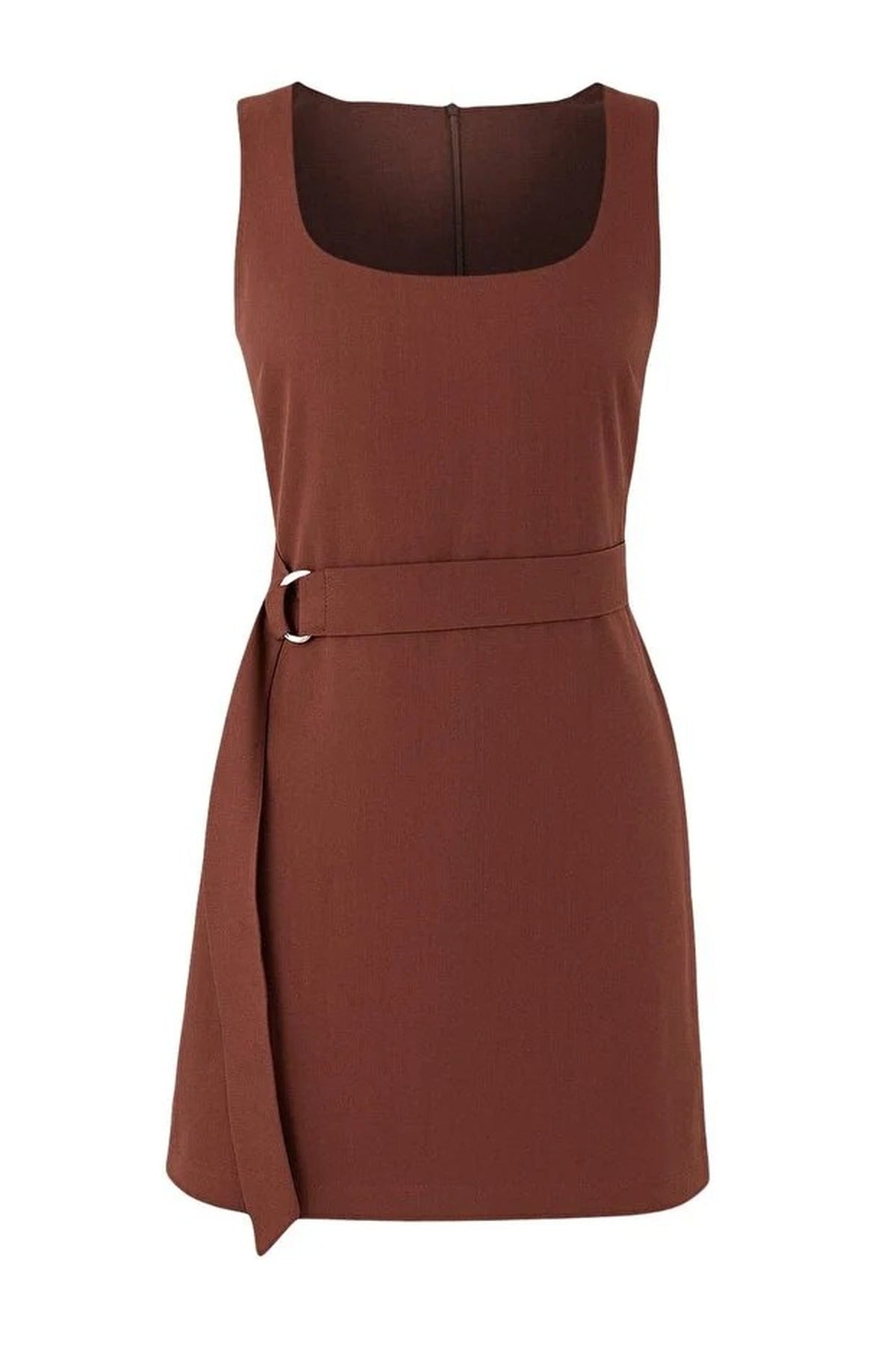 Belted Linen Blend Square Neck Sleeveless Mini Dress