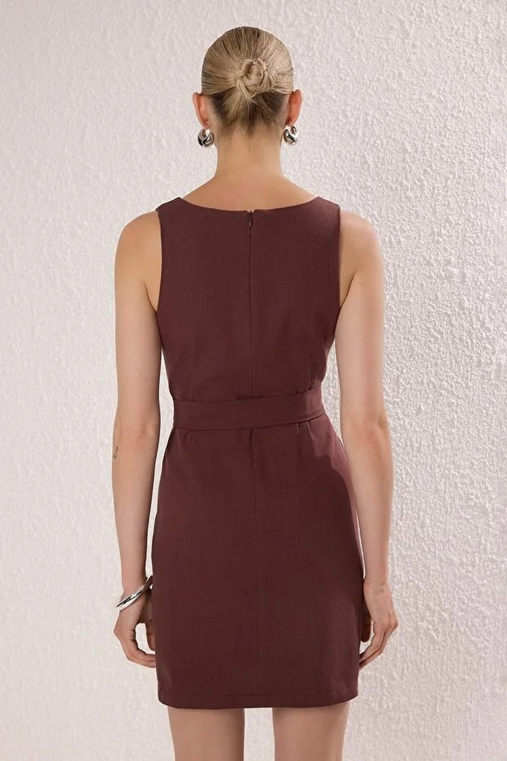 Belted Linen Blend Square Neck Sleeveless Mini Dress
