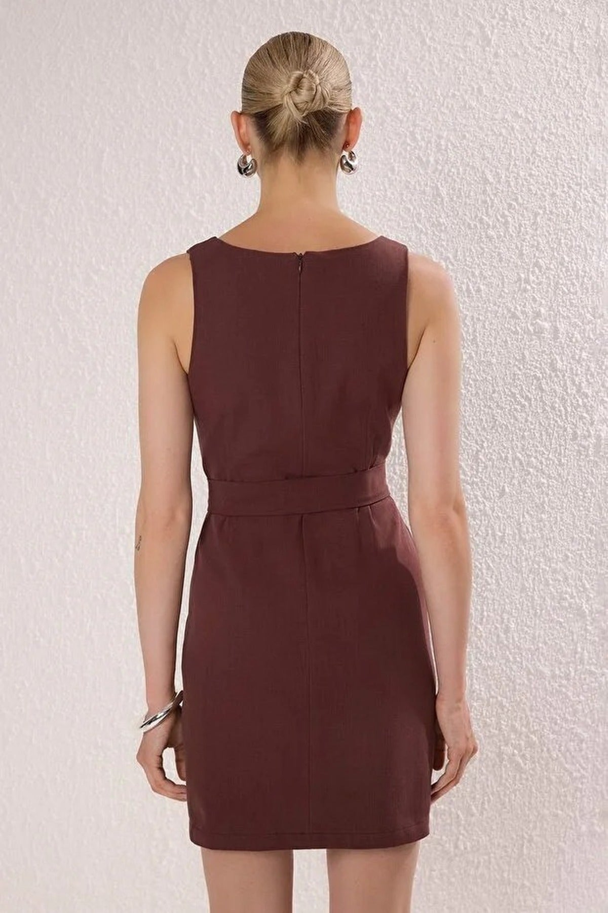 Belted Linen Blend Square Neck Sleeveless Mini Dress