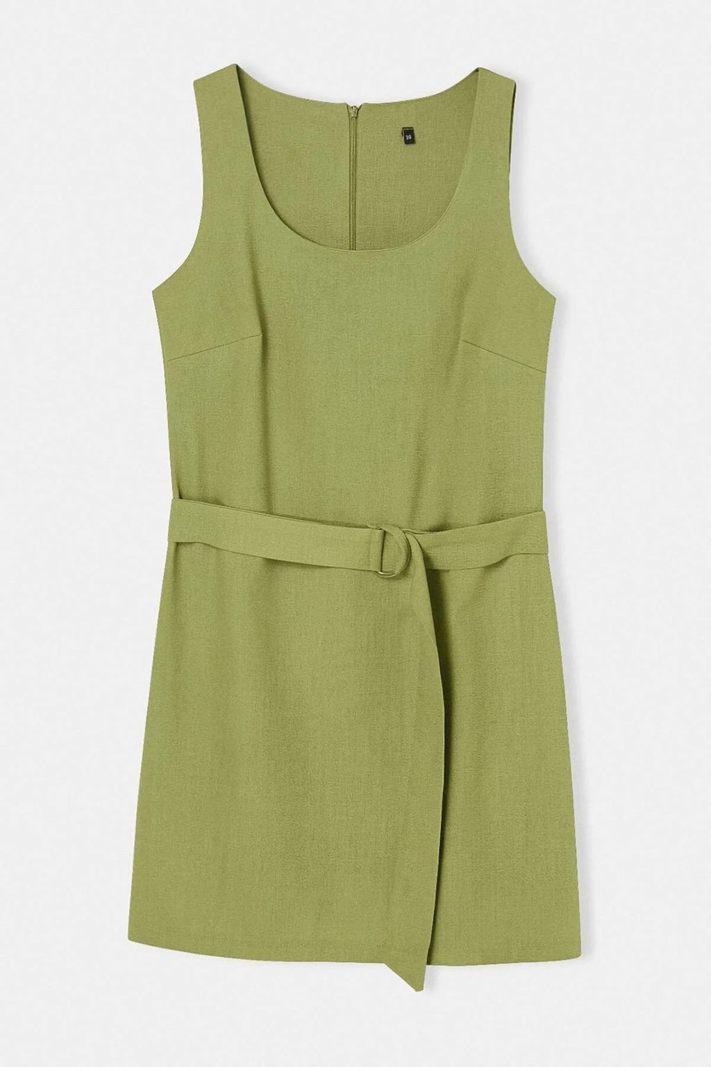 Belted Linen Blend Square Neck Sleeveless Mini Dress