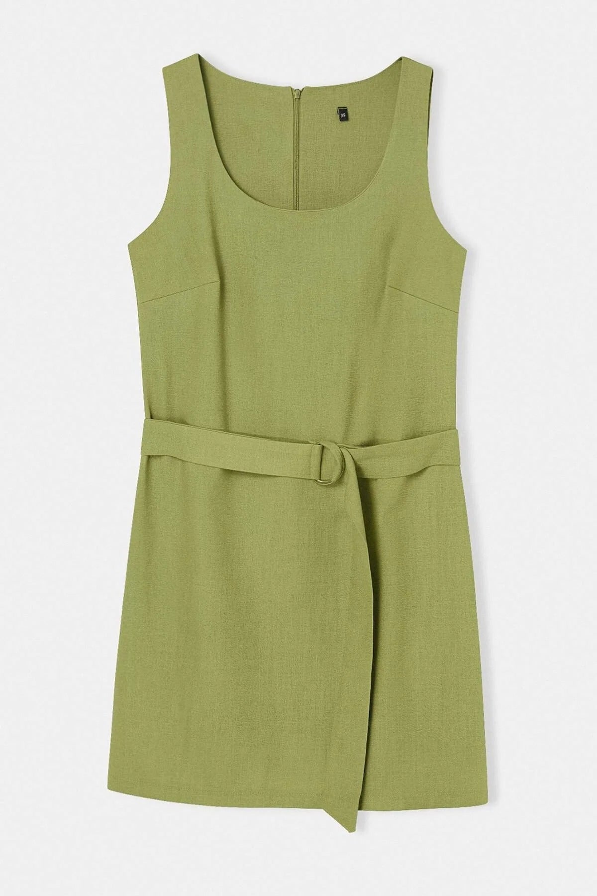 Belted Linen Blend Square Neck Sleeveless Mini Dress