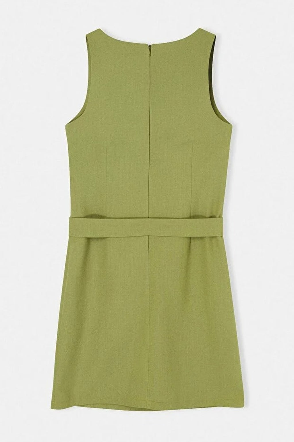 Belted Linen Blend Square Neck Sleeveless Mini Dress