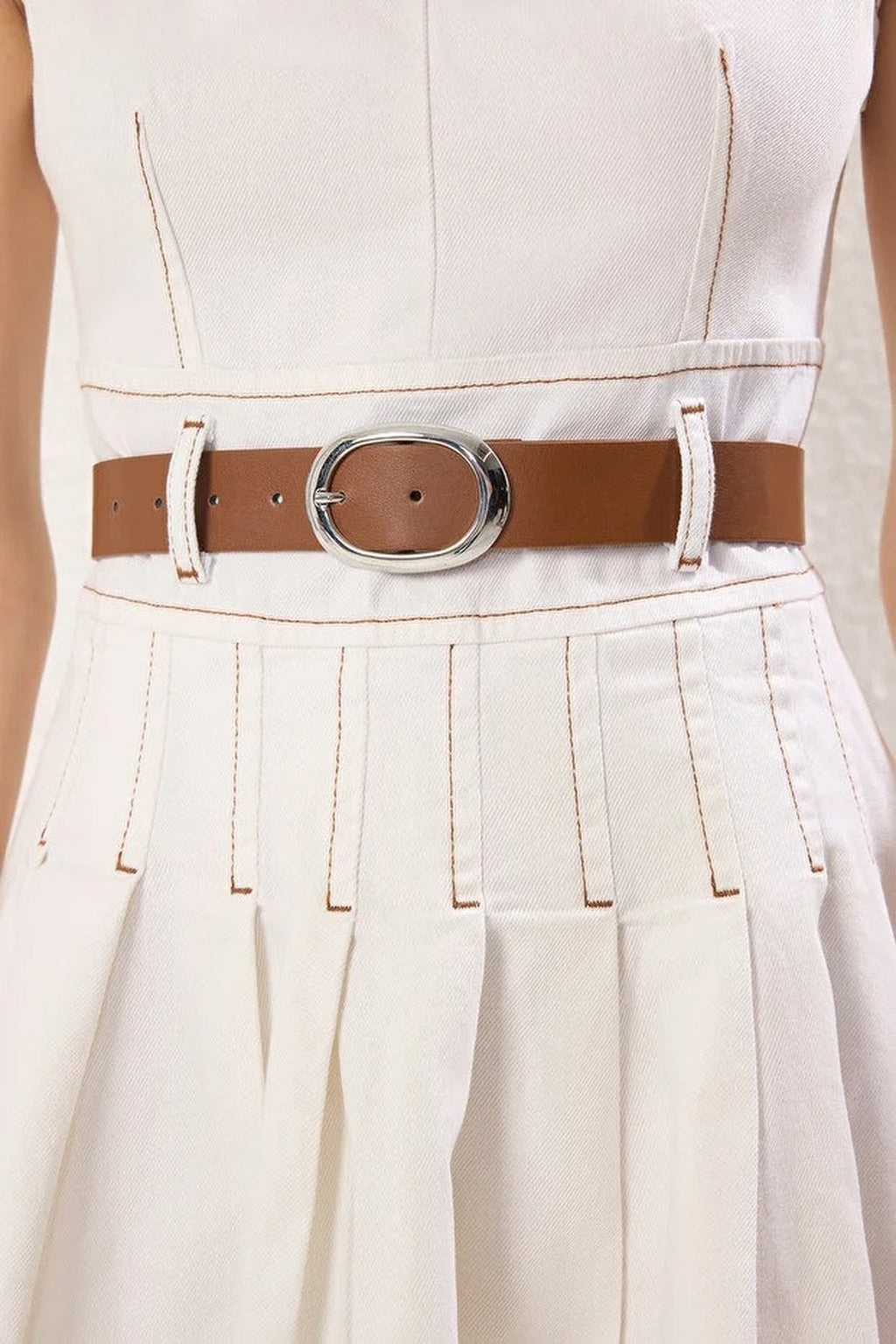 Belted V-Neck Pleated Mini Denim Dress