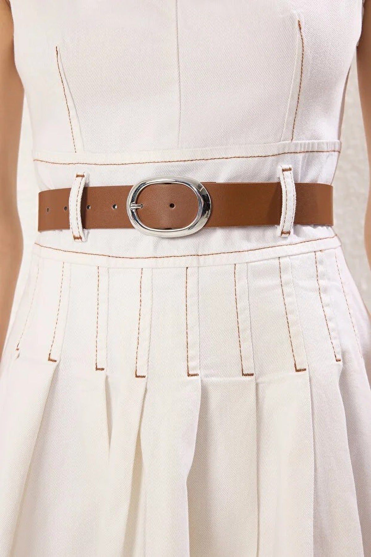 Belted V-Neck Pleated Mini Denim Dress