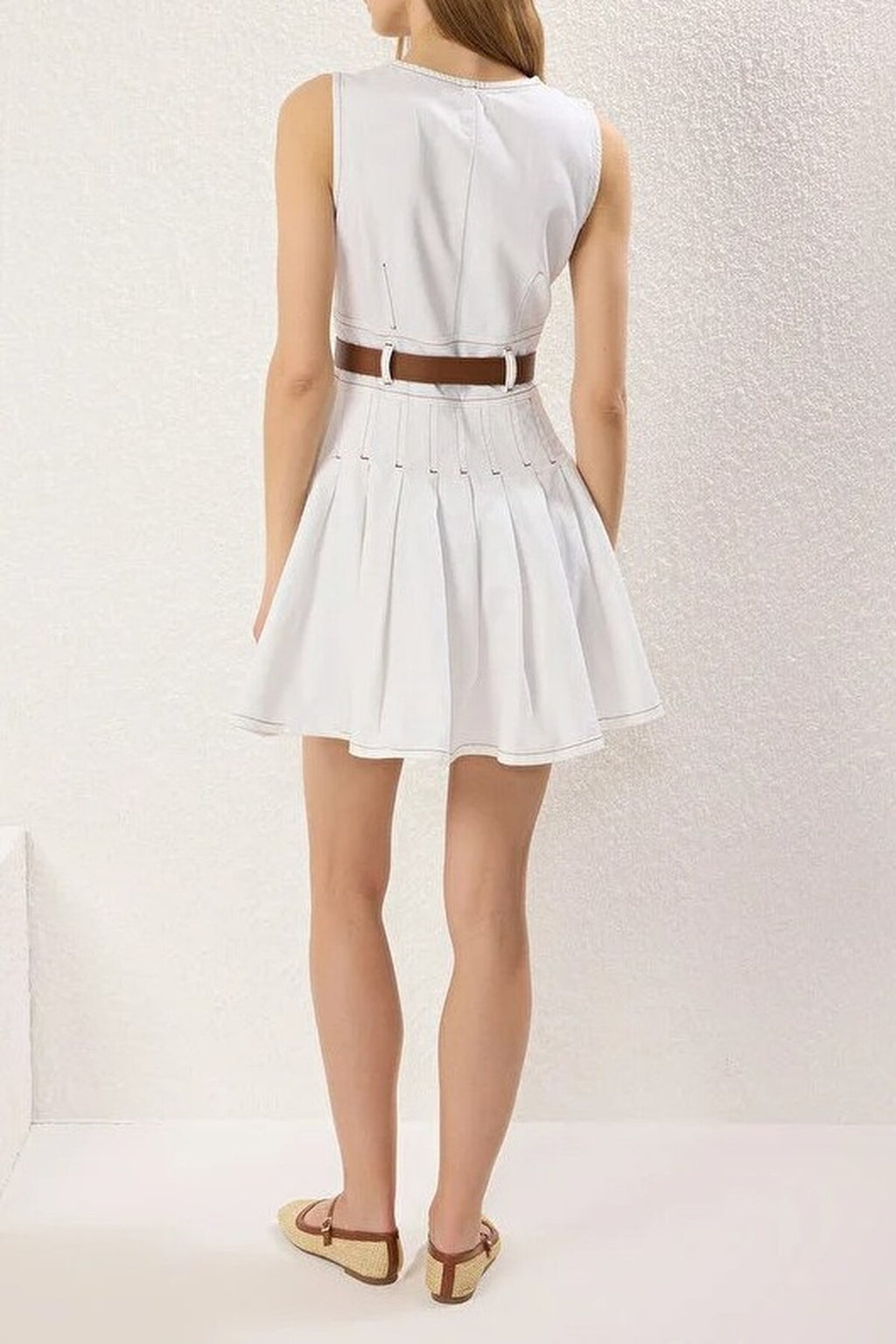Belted V-Neck Pleated Mini Denim Dress