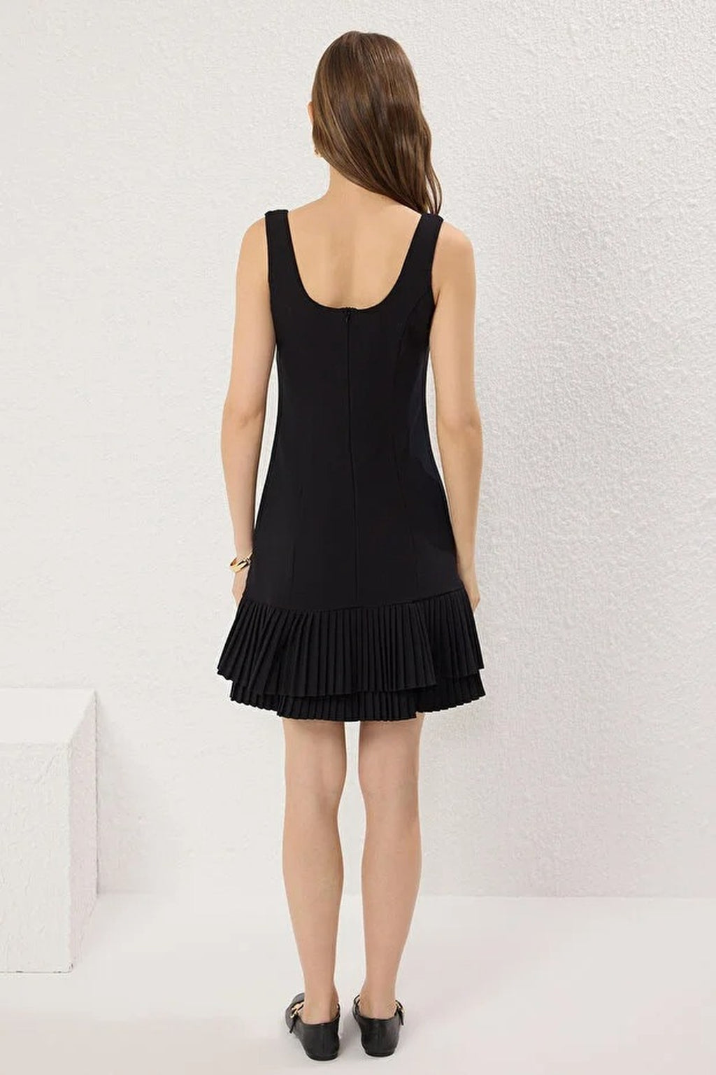 Square Neck Thick Strap Pleated Mini Dress