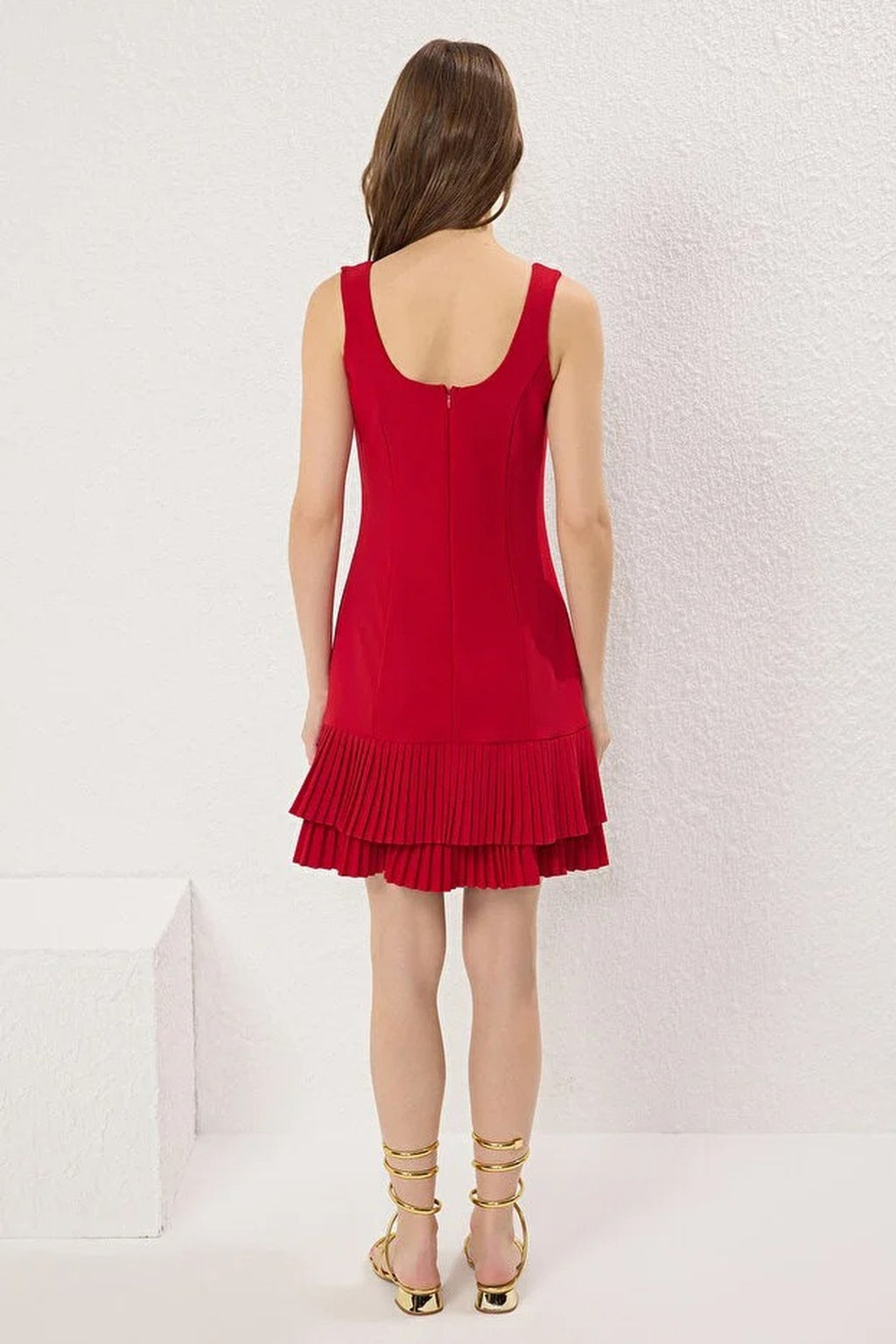 Square Neck Thick Strap Pleated Mini Dress