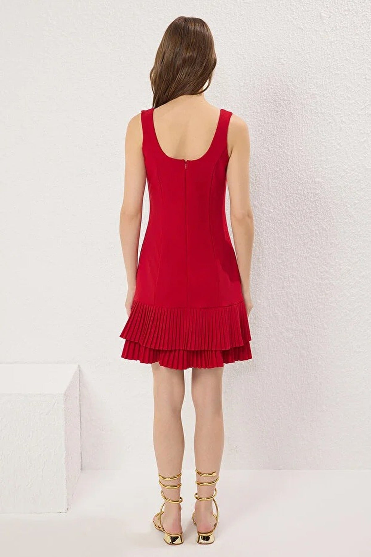 Square Neck Thick Strap Pleated Mini Dress