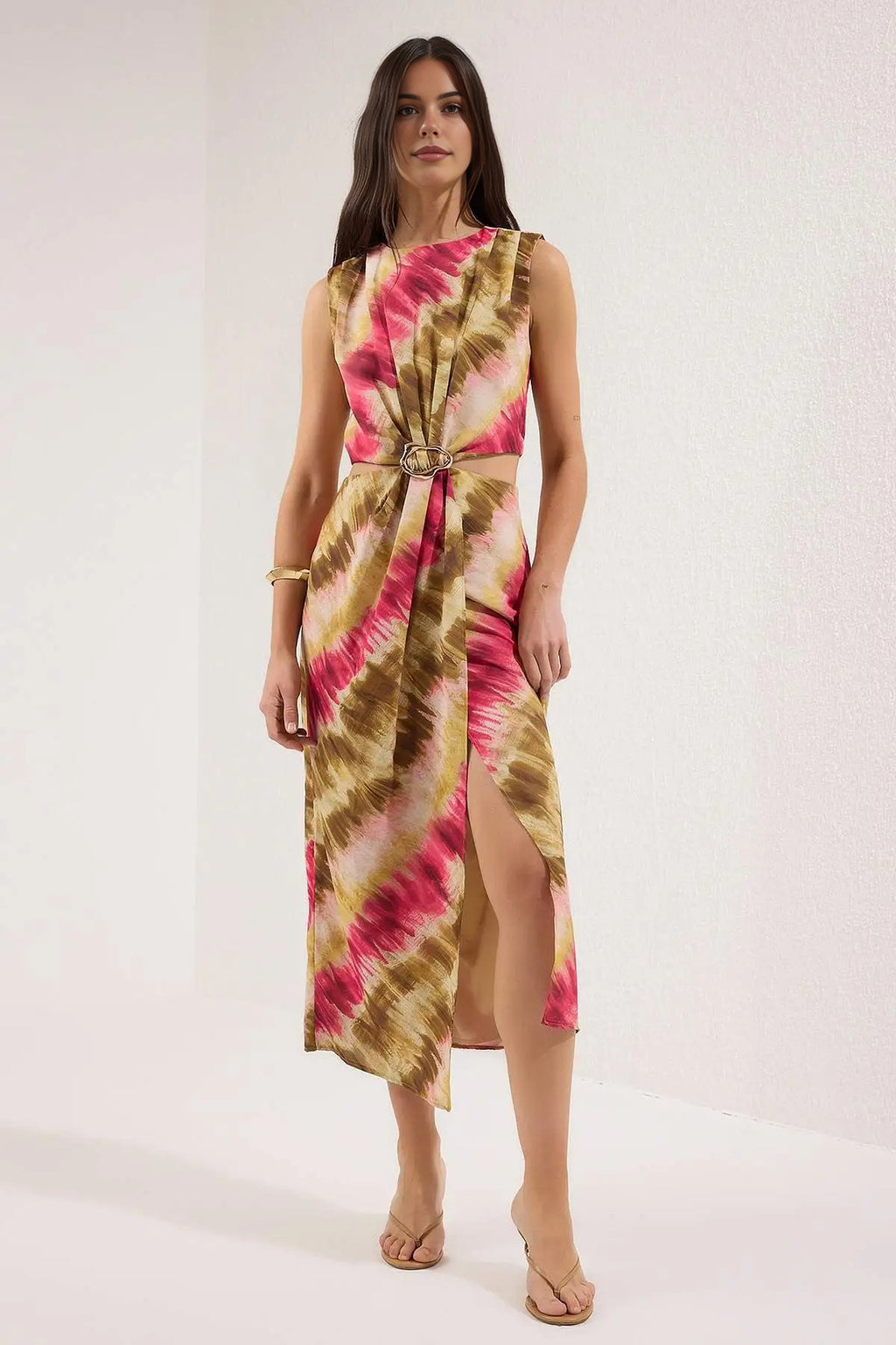 Abstract Patterned Maxi Woven Dress with Waist Detail