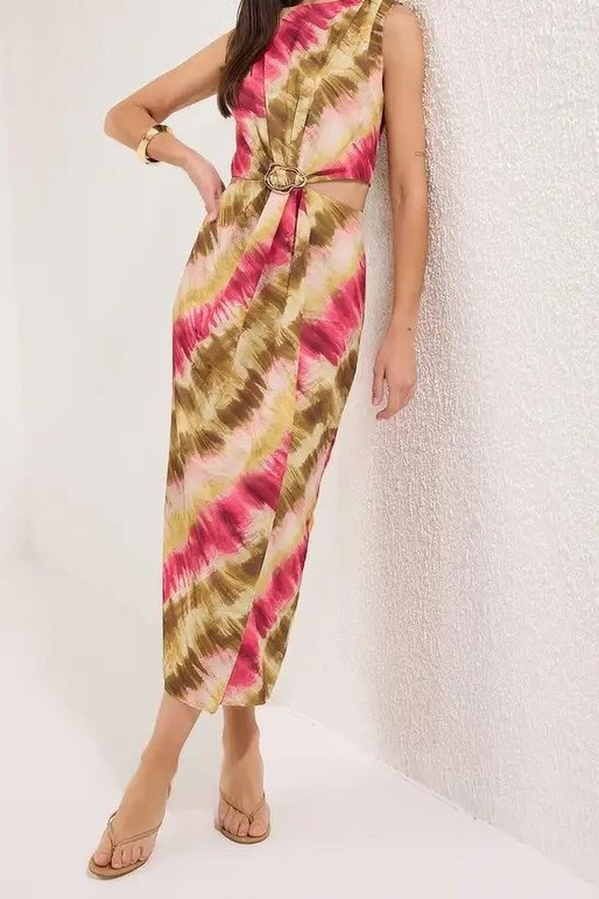 Abstract Patterned Maxi Woven Dress with Waist Detail