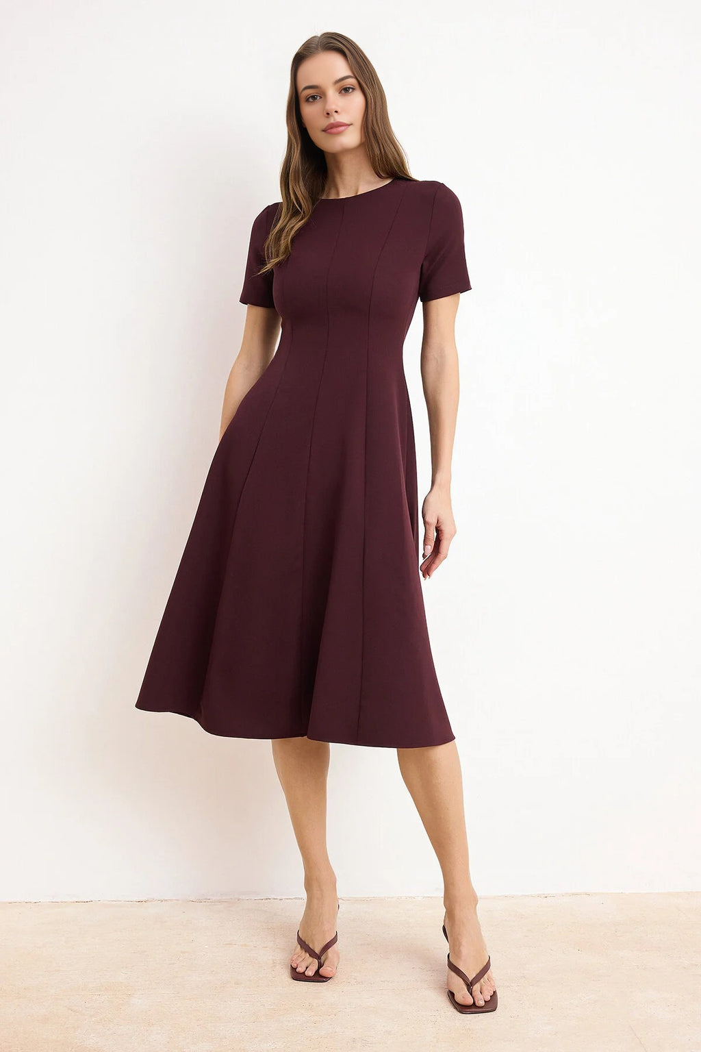 Round Neck Short Sleeve Fit and Flare Midi Dress