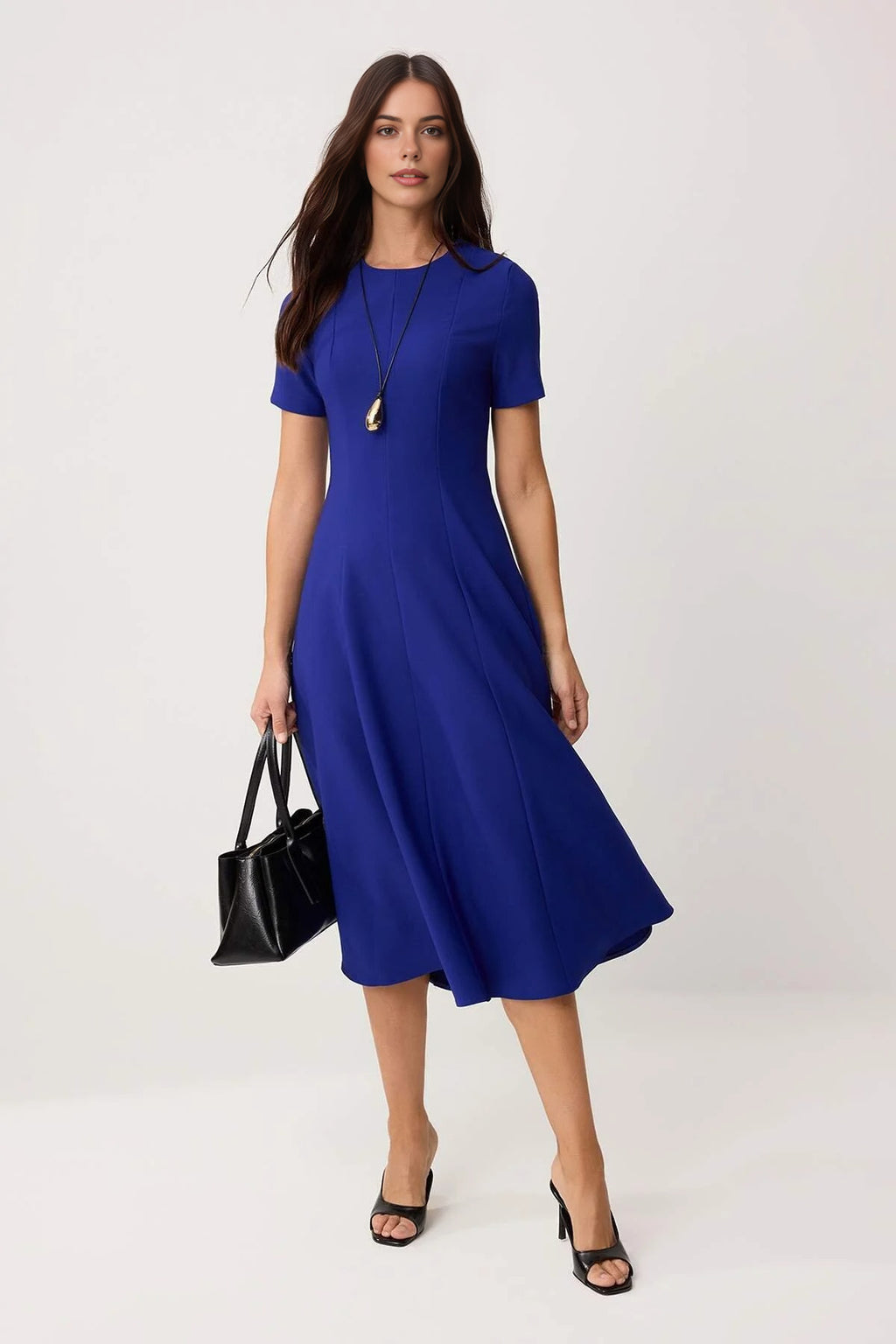 Round Neck Short Sleeve Fit and Flare Midi Dress