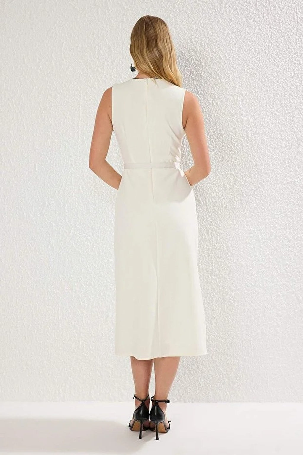 Belted A-Line Button Detail Midi Dress