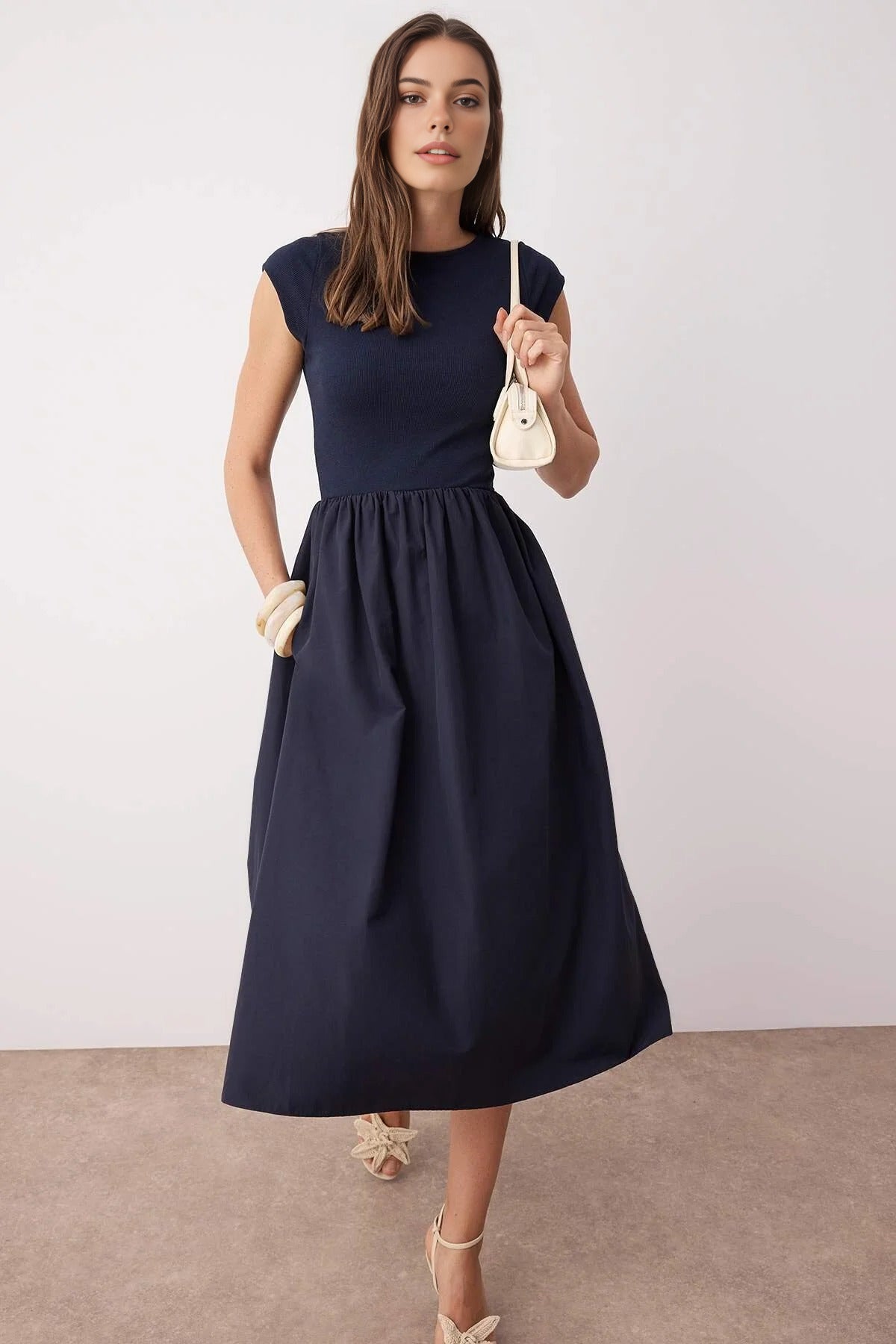 Ribbed Bodice Wide Skirt Terrycotton Contrast Maxi Dress