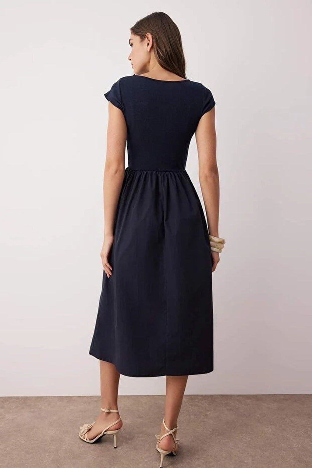 Ribbed Bodice Wide Skirt Terrycotton Contrast Maxi Dress
