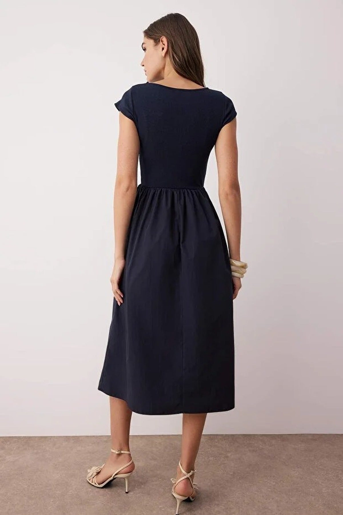 Ribbed Bodice Wide Skirt Terrycotton Contrast Maxi Dress
