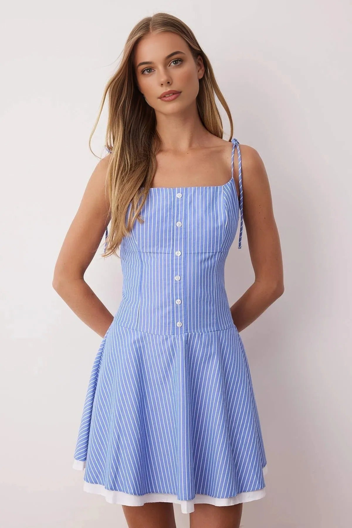 Striped Waist-Fronted Woven Mini Dress