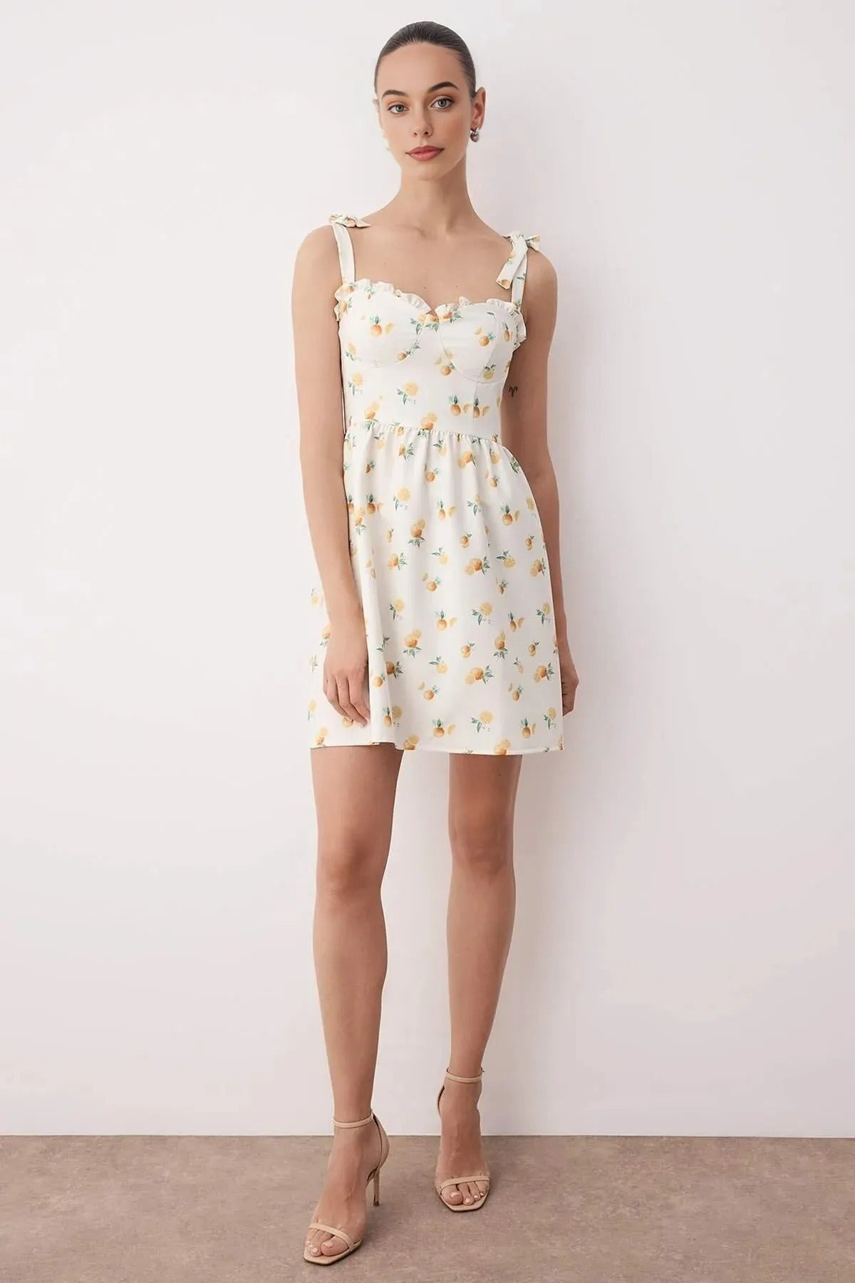 Ruffled Fruit Pattern Mini Woven Dress