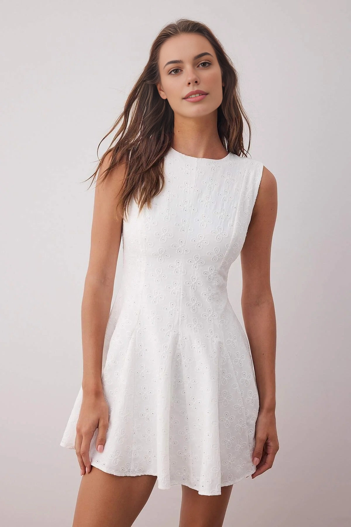 Broderie Anglaise Sleeveless Fit and Flare Mini Dress