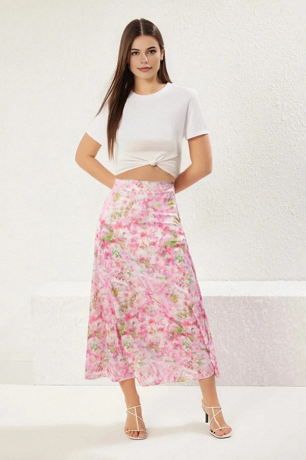 Floral Patterned Satin Fabric A-line Fit Midi Woven Skirt