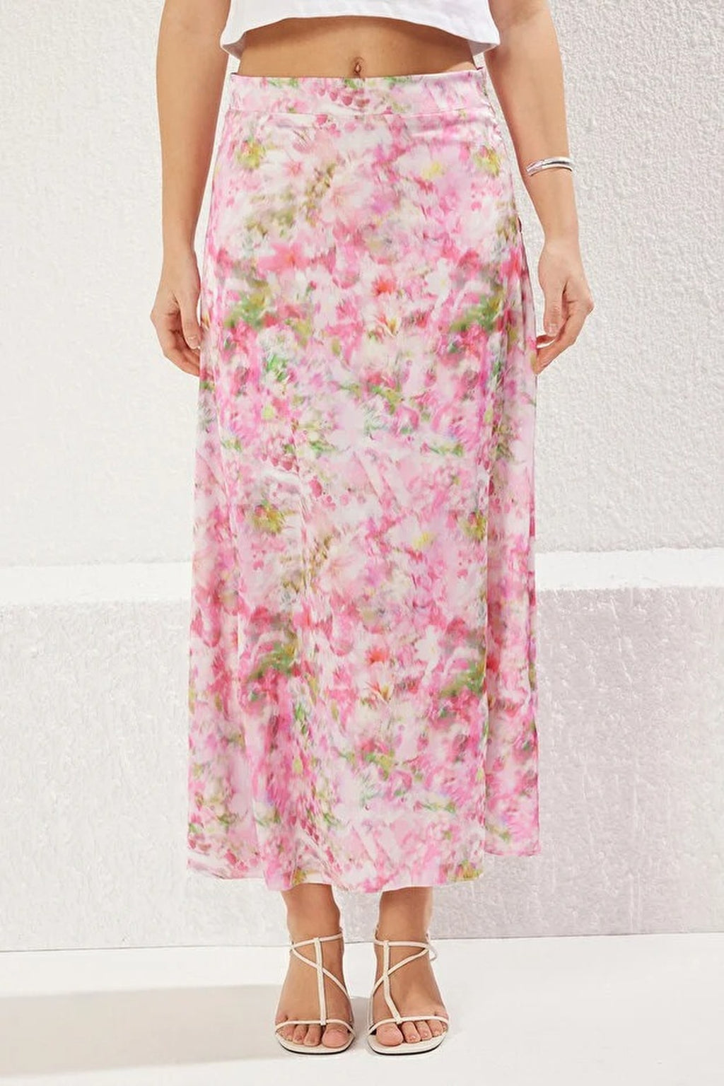Floral Patterned Satin Fabric A-line Fit Midi Woven Skirt