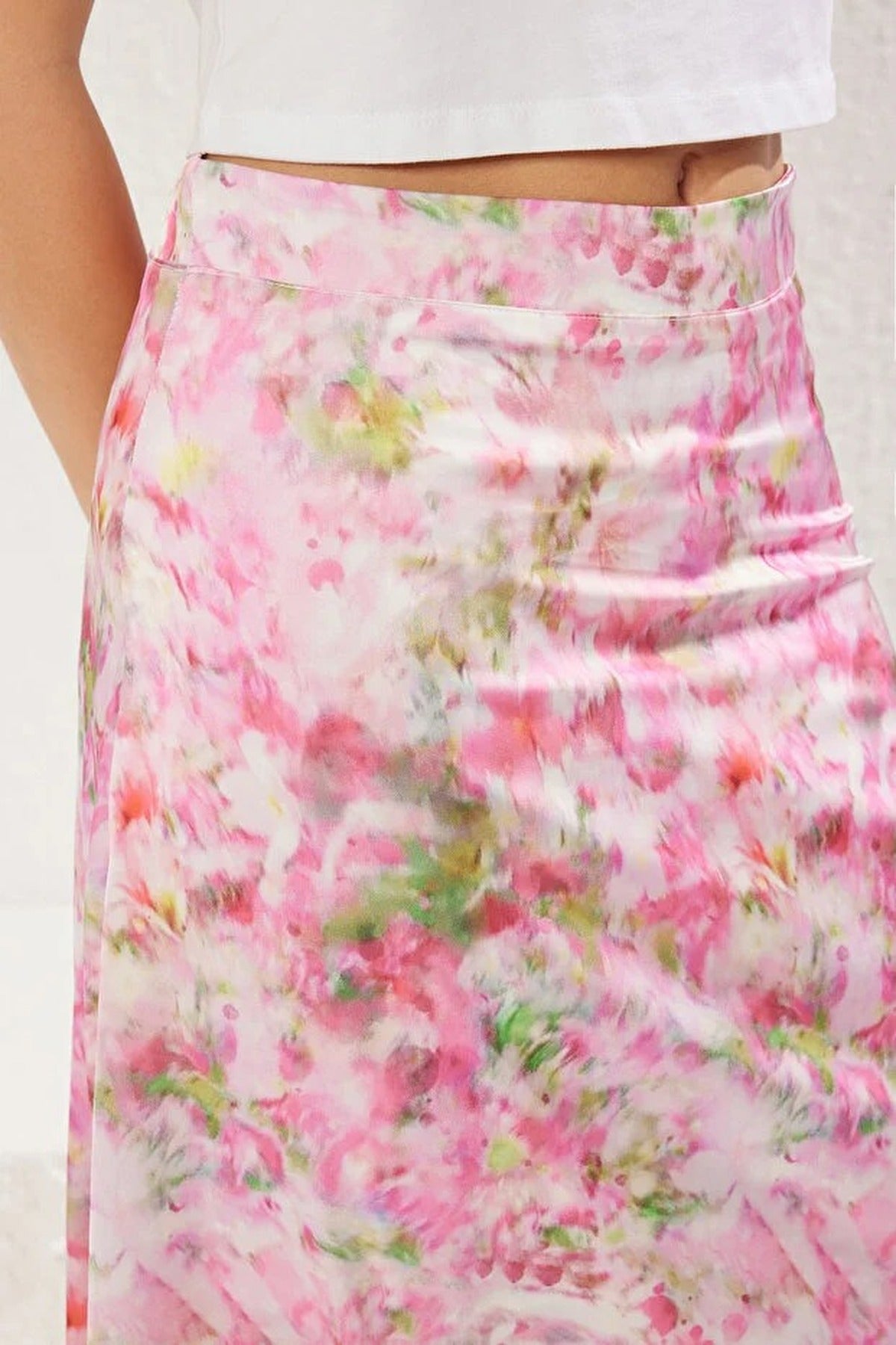 Floral Patterned Satin Fabric A-line Fit Midi Woven Skirt