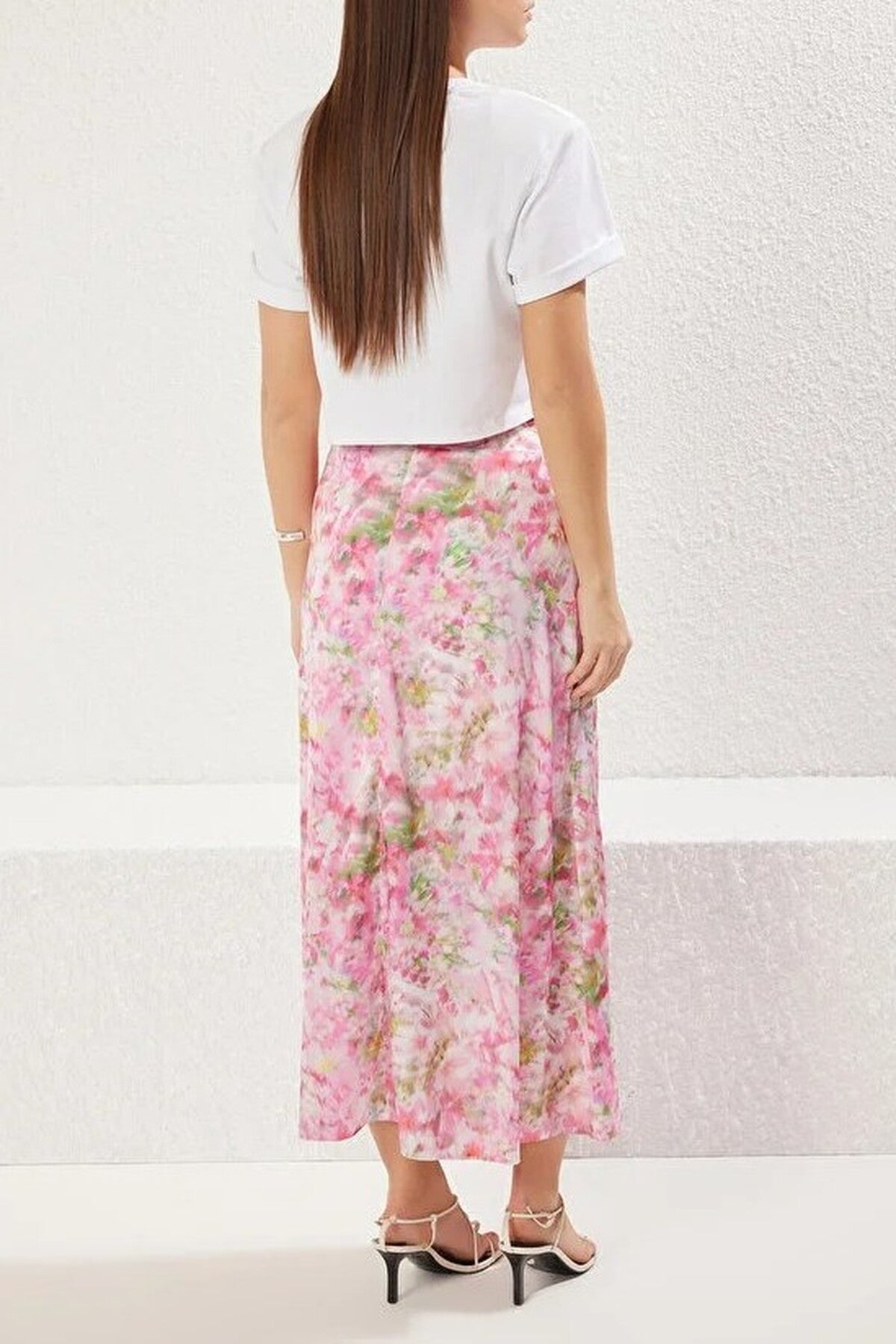 Floral Patterned Satin Fabric A-line Fit Midi Woven Skirt