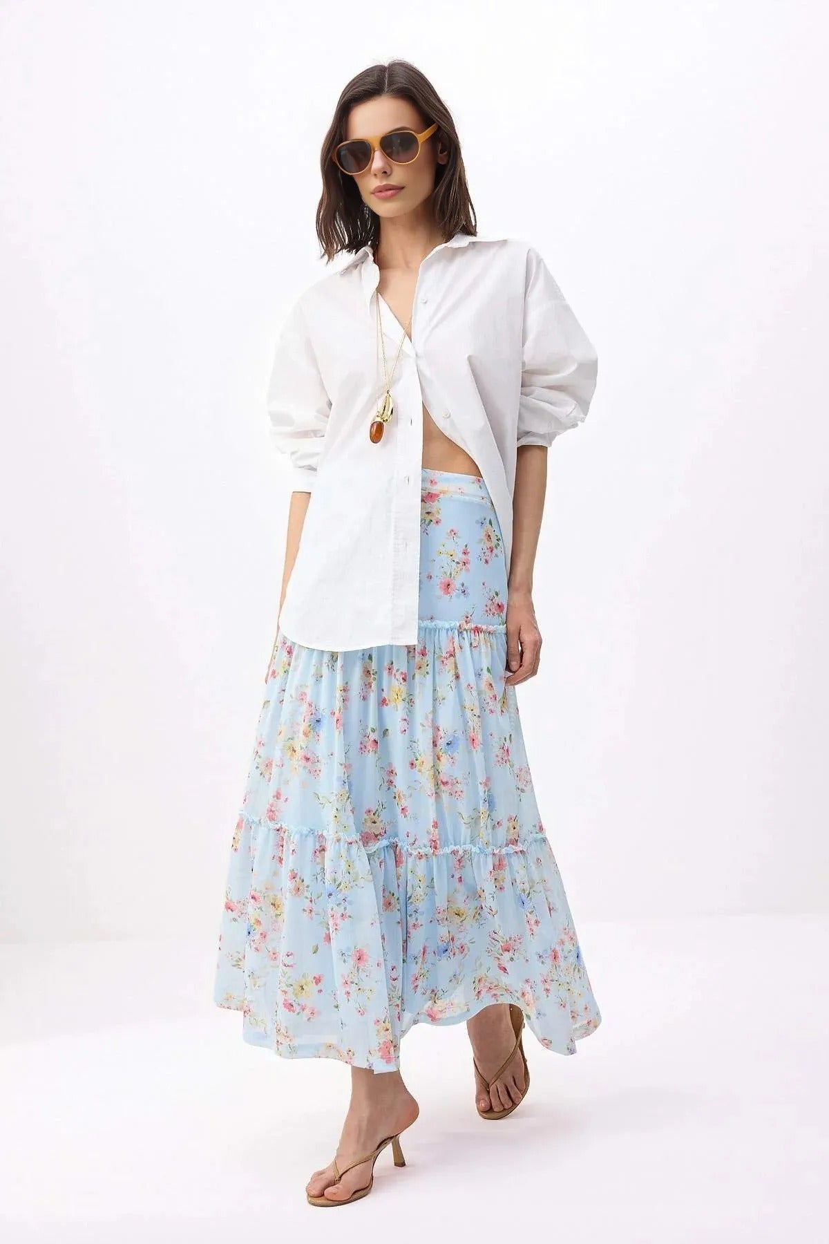 Tulle Floral Print Maxi Drape Detail Knitted Skirt