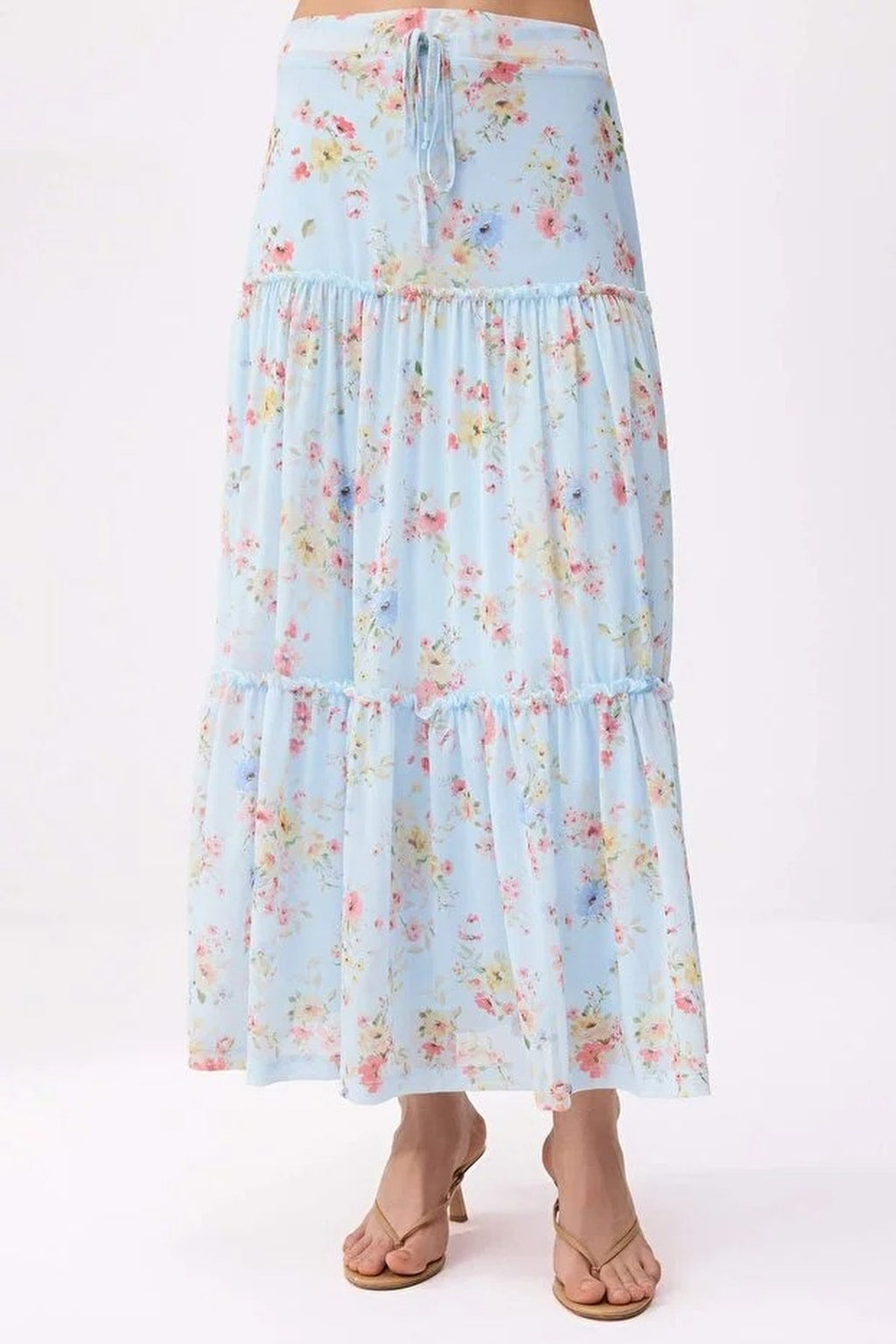 Tulle Floral Print Maxi Drape Detail Knitted Skirt