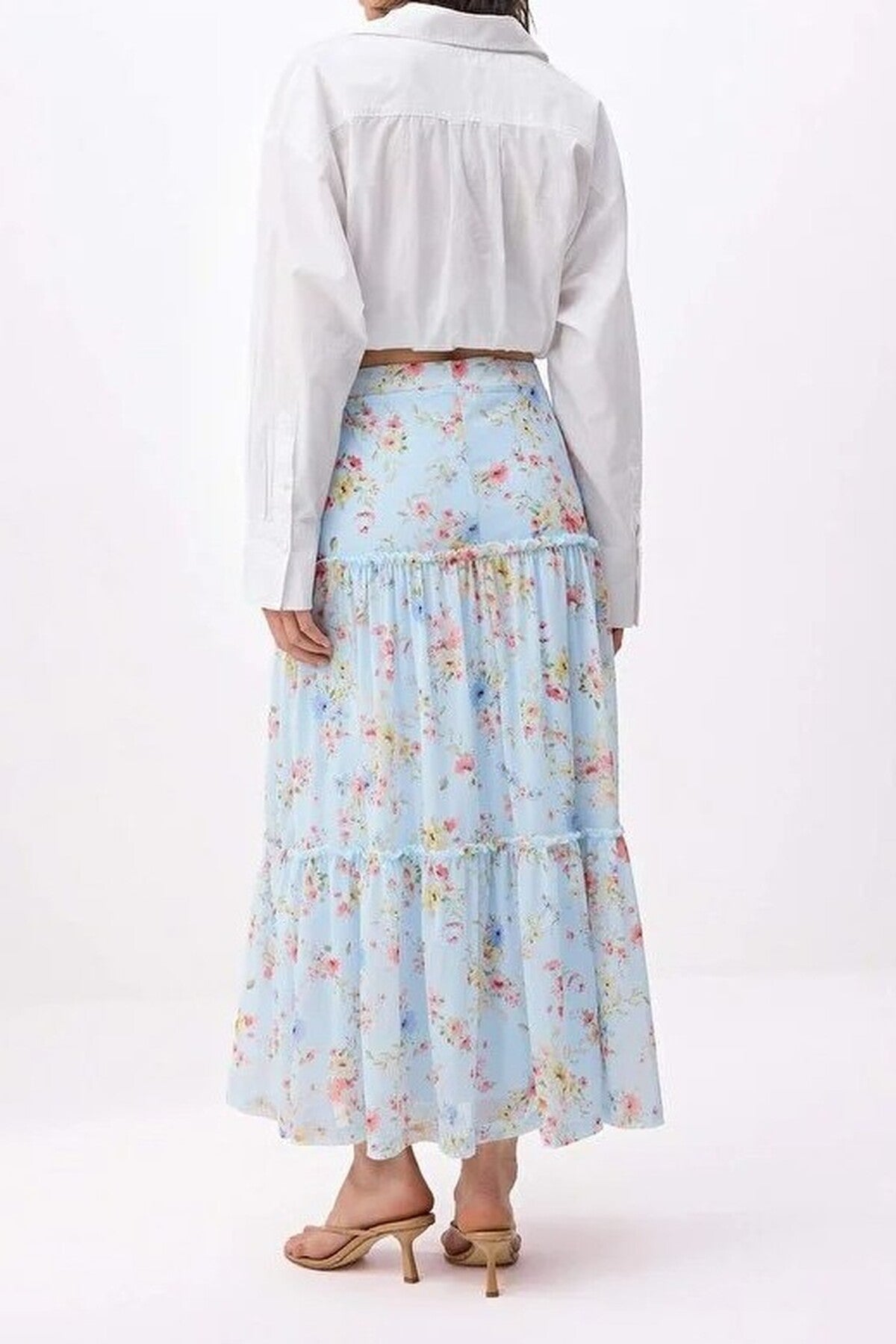 Tulle Floral Print Maxi Drape Detail Knitted Skirt
