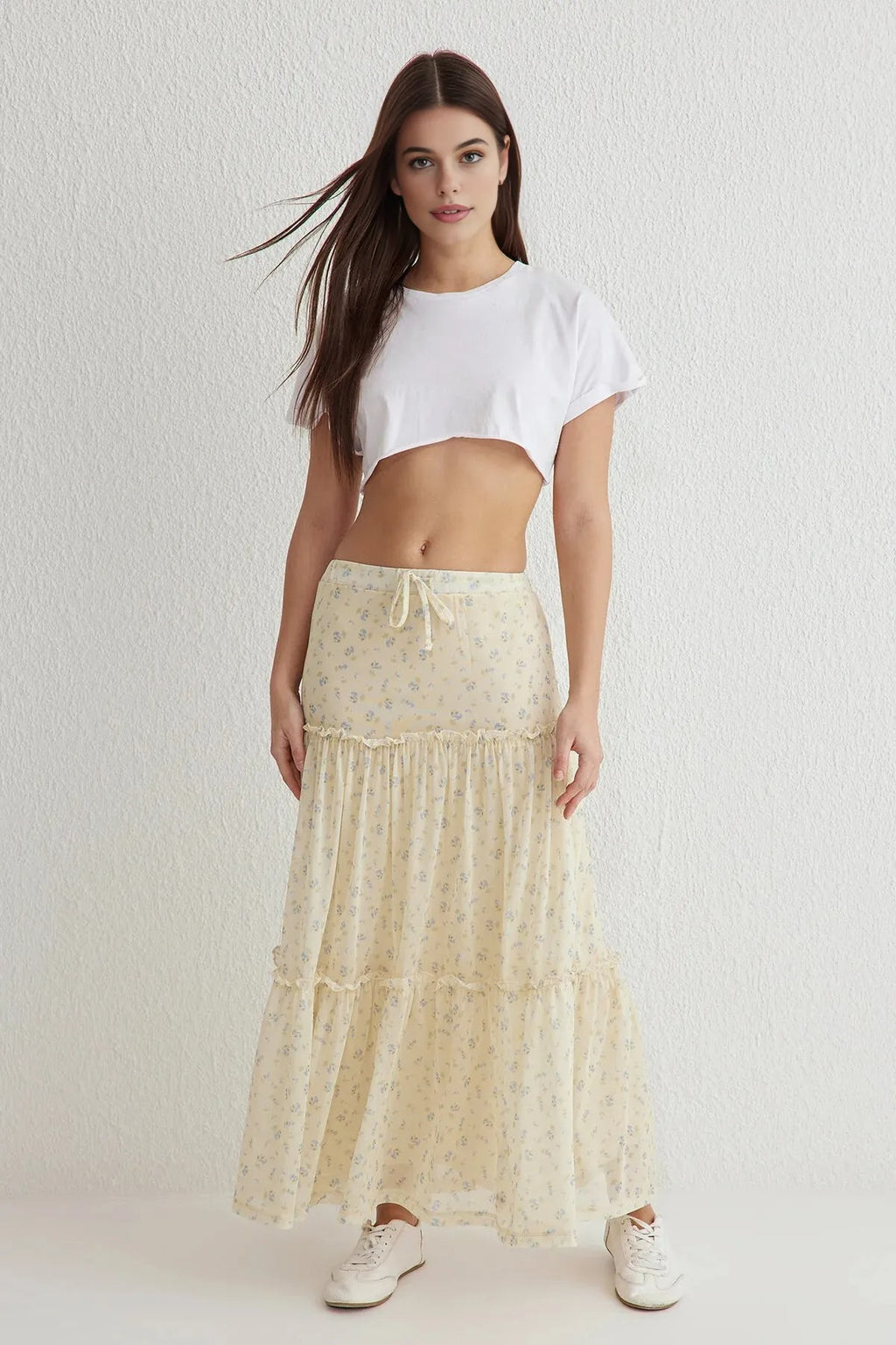 Tulle Floral Print Maxi Drape Detail Knitted Skirt
