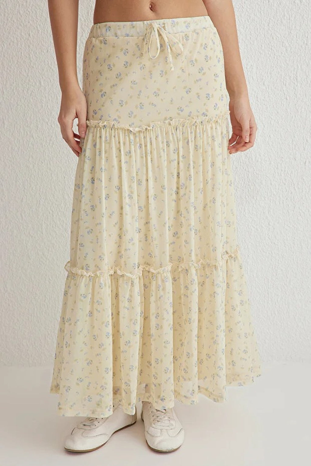 Tulle Floral Print Maxi Drape Detail Knitted Skirt