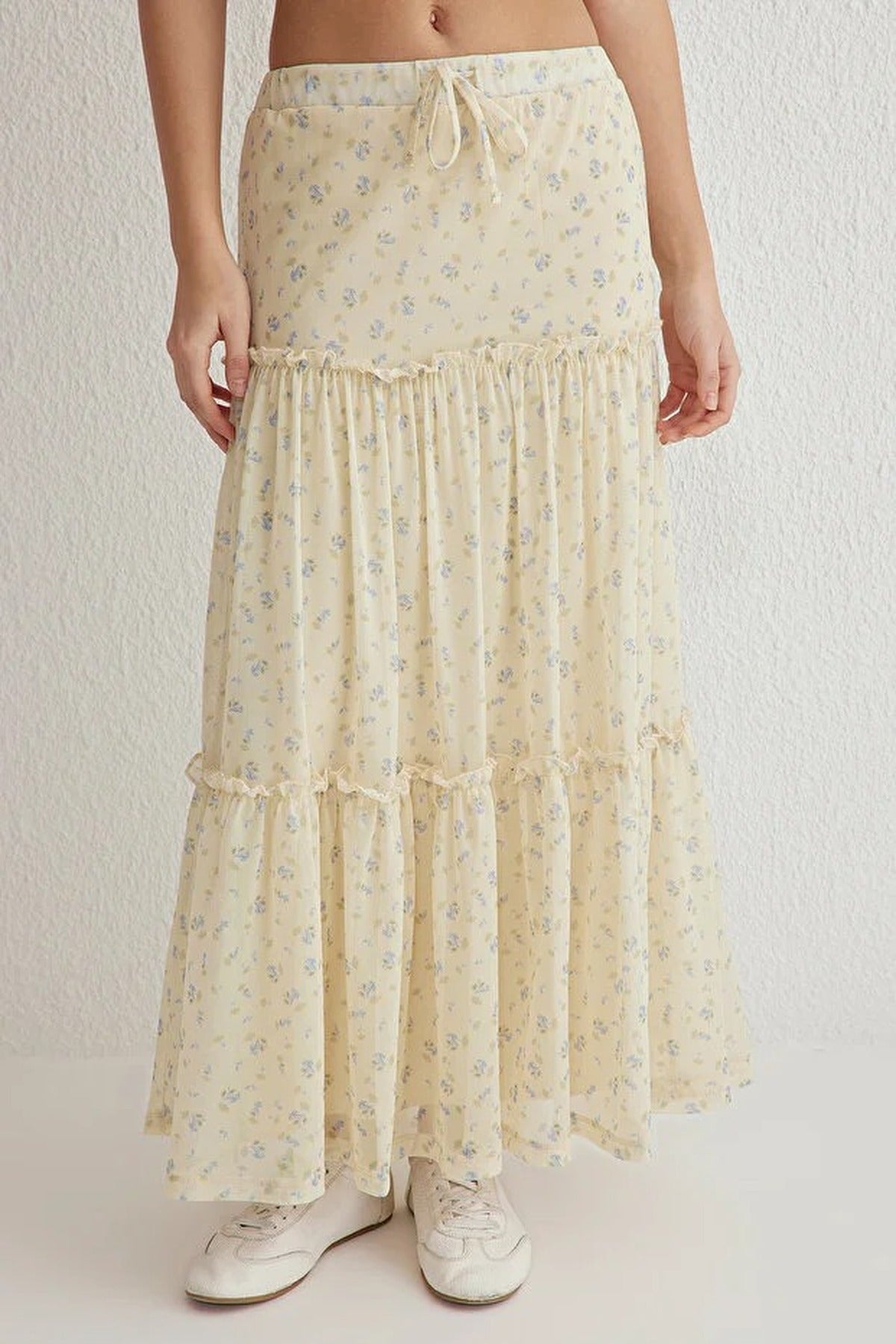 Tulle Floral Print Maxi Drape Detail Knitted Skirt