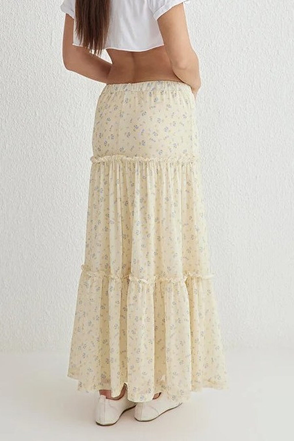 Tulle Floral Print Maxi Drape Detail Knitted Skirt