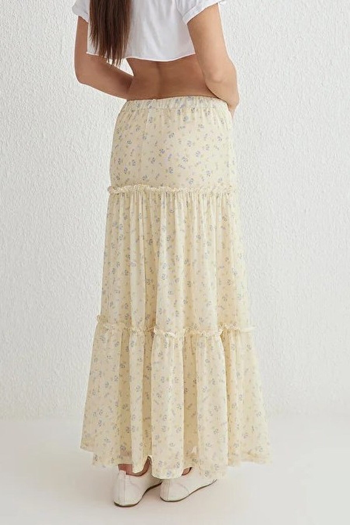 Tulle Floral Print Maxi Drape Detail Knitted Skirt